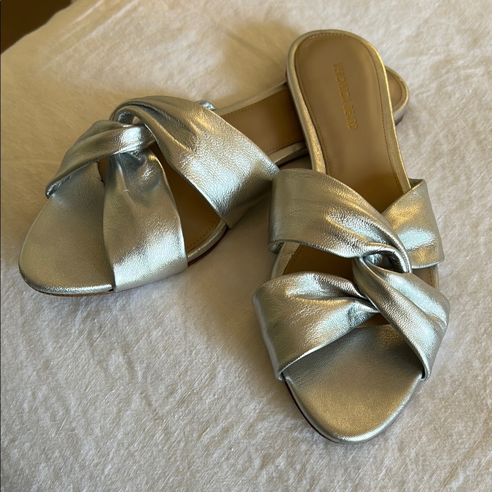 Veronica Beard Silver Sandals with Crossover Straps